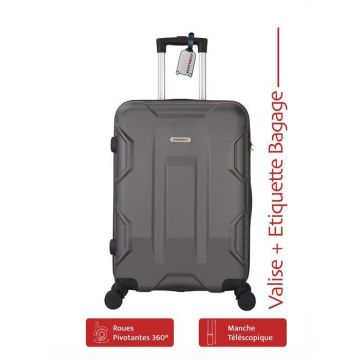 Pack Valise Moyenne 65cm Rigide Terra Gris + Étiquette Bagage - Valise Intermédiaire 4 Roues 360 - 3.0kg - 65L ADC