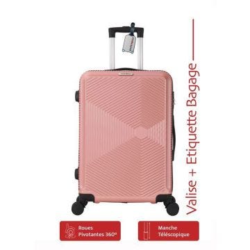 Pack Valise Moyenne 65cm Rigide Jet Rose + Étiquette Bagage - Valise Intermédiaire 4 Roues 360 - 3.0kg - 65L ADC