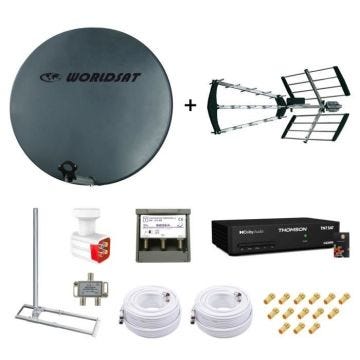 Kit Parabole Fibre SMC 75cm HD4K - Antenne TNT UHF - Support Toit - LNB Quad HD 4K - TNTSAT - 2 Câbles Twin 25m