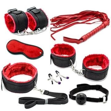 CORDE DE CONTRAINTE,Rouge--Kit de Bondage et de retenue BDSM, 7 pièces-ensemble, menottes, collier, masque Gag, fouet, jouets sexuel