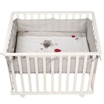 Parc Bébé 100x75 cm + Tapis "Adam et Eule" Imprimé Chouette + 4 Roues - ROBA - Bois blanc