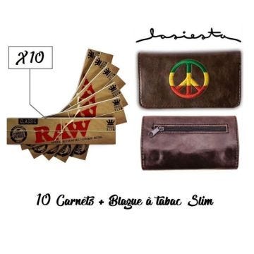 Lot de 10 Carnets de 32 feuilles Slim Raw Classic + Blague à tabac Lasiesta Slim Peace and Love Rasta Jamaïque