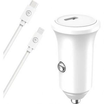 Chargeur voiture USB C 30W Power Delivery + Câble USB C/Lightning Blanc - 100% Plastique recyclé Bigben