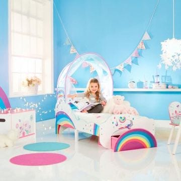 Lit pour enfant Licorne et arcs-en-ciel avec ciel de lit lumineux et tiroir de rangement pour matelas 70 x 140