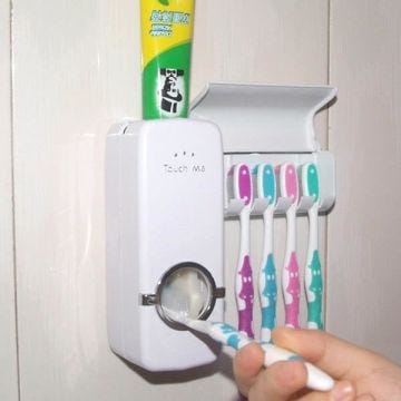 Accueil Distributeur automatique Dentifrice automatique + 5 Porte-brosse à dents Set Fixation du support mural-12032