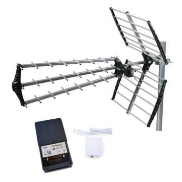 Pack HDSAT Antenne TNT Trinappe Prémontée Gain 18 dB + JOHANSSON Kit Préampli de Mât Gris