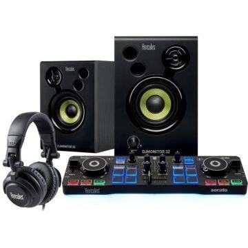 HERCULES DJSTARTER KIT - Contrôleur DJ + Paire d'enceintes de monitoring + Casque - Compact et léger - Noir