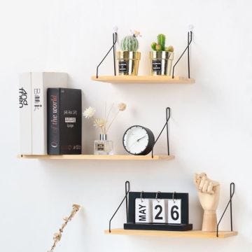 UNI Etagère Murale Lot de 3 Etagère Flottantes en Bois et Fer Rangement pour Décoration Chambre Bureau Couleur Bois