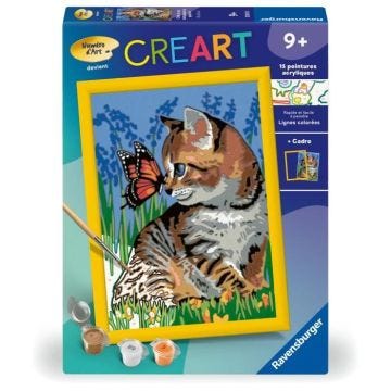 CreArt Kids 18x24cmChat et son compagnon le papillon, Kit de peinture par numéros Numéro d'Art,, Dès 9 ans, 25813, Ravensburger