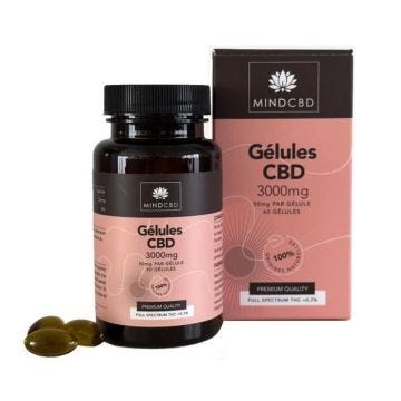 60 Gélules CBD Premium MIND CBD - Full Spectrum 3000mg (50mg/gélule), 100% naturel.