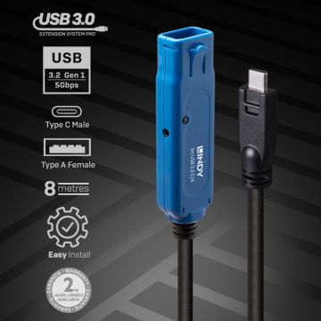 Câble USB - LINDY - Rallonge active USB 3.2 Gen1 - 8.00 m - USB-A femelle - USB-C mâle