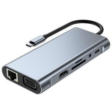 Adaptateur USB-C vers HDMI 4K et VGA avec Port USB 3.0, PD 100W, Ethernet, Lecteur de Carte SD-TF, Hub 11 en 1 pour MacBook Air-Pro