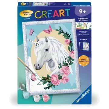 CreArt Kids 18x24cm Licorne fleurie, dès 9 ans, Kit de peinture par numéros Numéro d'Art, 25834, Ravensburger