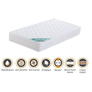 Matelas 80x200 x 21 cm + Alèse + Oreiller Visco - Très Ferme - Aertech+ 35 Kg-m3 HR Haute Densité - Hypoallergénique - 5 Zones de