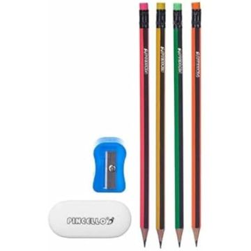 Crayons de couleur - PINCELLO - Lot de 12 - Taille-crayons inclus - Gomme intégrée - Multicolore