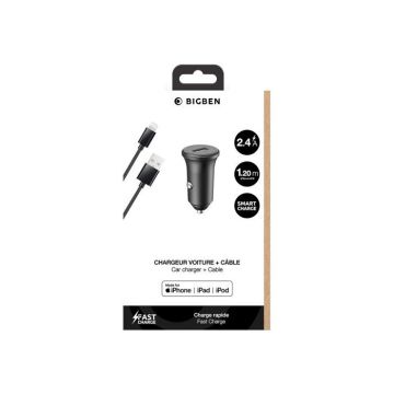 Chargeur Voiture - Bigben - 12W - 2.4A - Câble USB A/Lightning - Plastique recyclé