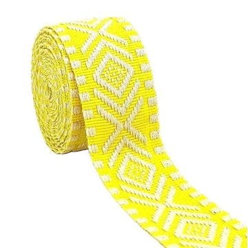 AnseTendance sangle coton 38mm rouleau de 10 mètres bicolore ethnique motif losange géométrique pour sac couture anse jaune et blanc