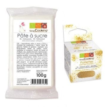 Pâte à sucre blanche 100 g + paillettes dorées