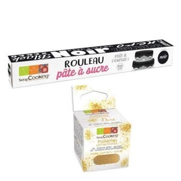 Pâte à sucre en rouleau Ø 36 cm noir + paillettes dorées