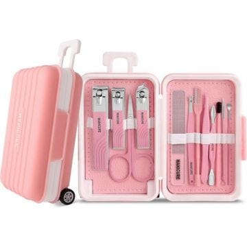 Kit de manucure professionnel avec 12 outils de soins de pédicure en acier inoxydable pour voyage ou maison (rose)112