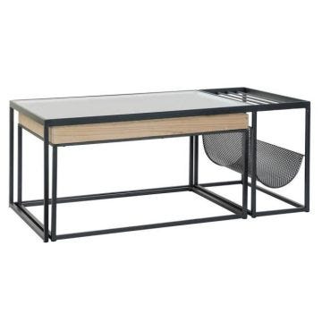 Table basse porte-revues style loft métal, bambou, verre - Blanc - Design industriel