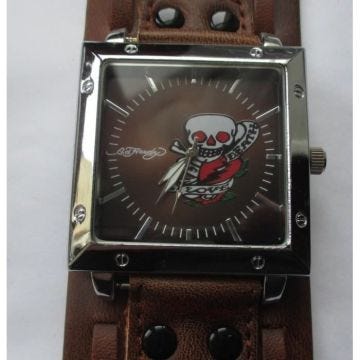 montre cadran carré crane death bracelet marron tattoo