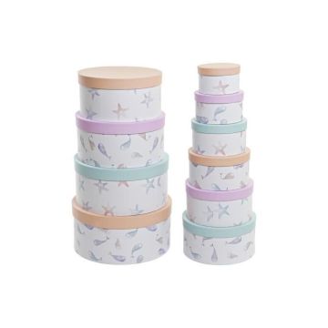 Boîte de rangement pour enfants en bois blanc, bleu et lilas - Motifs marins amusants
