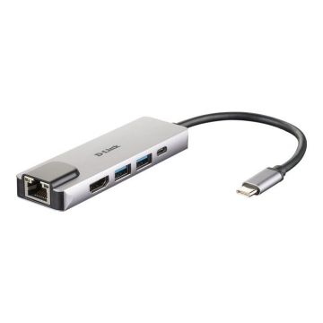 Hub USB-C 5-en-1 - D-Link - DUB-M520 - HDMI 4K - Chargement 60W - Aluminium Gris