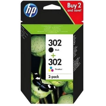 HP 302 Pack de 2 cartouches d'encre noire et trois couleurs authentiques (X4D37AE) pour HP DeskJet 2130/3630 et HP OfficeJet 3830