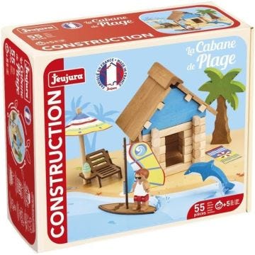 La Cabane de Plage 55 Pièces - JEUJURA - Jeu de Construction en Bois Naturel, Tapis et Accessoires Inclus, 22x18,5x8,5 cm
