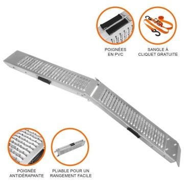 Rampe de Chargement Pliable Moto Fourgon VTT en Acier Capacité 200Kg Quad Voiture Tondeuse Scooter Antidérapant| Sangle à Cliquet