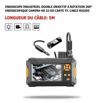 Endoscope Industriel Double Objectif à Rotation 360° HD4K - Caméra 9mm et 16mm, LED, 32 Go Carte TF, HD 1080p