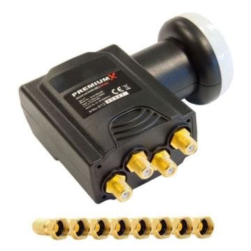PremiumX Deluxe LNB Sat Quad LNB pour 4 récepteurs numériques DVB-S2 HD UHD 4K avec 8 connecteurs F avec Bague de Blocage