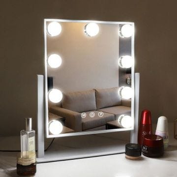 FENCHILIN Miroir De Maquillage Hollywoodien, 3 Niveaux D'éclairage LED/360 Degrés De Rotation/10x La Loupe - 25cmx30cm, Blanc