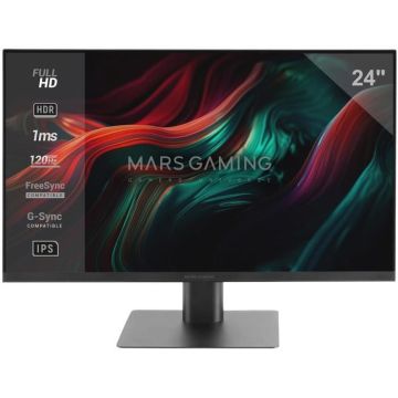 Mars Gaming MV-24, Écran 24" IPS FHD 120Hz, HDR10 1ms, FreeSync + G-Sync, Enceintes Intégrés, Inclinaison 25°, Low Blue Light, Noir