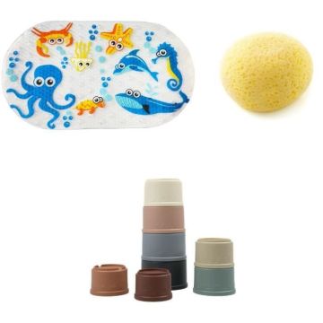 Pack accessoires de Bain - THERMOBABY - Tapis antidérapant - Eponge et jouets empilables