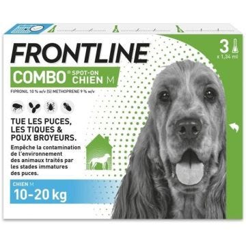 FRONTLINE 3 Pipettes antiparasitaires COMBO Chien - 10 à 20 kg - Puces, tiques, poux broyeurs