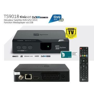 Pack Tivùsat Récepteur satellite, Décodeur Tivùsat HD - TELE System TS9018HEVC + Carte Tivùsat HD Activation Comprise - HD 1080p