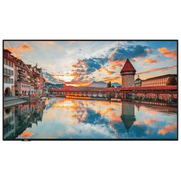 Écran 65', résolution 3840 x 2160, IPS, Android OS, HDMI, Wi-Fi, Bluetooth, haut-parleurs intégrés 2x10W, design noir.