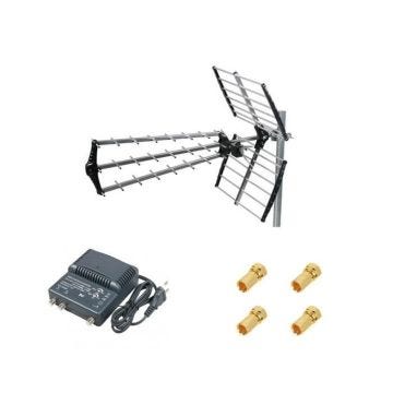 Kit Antenne TNT Trinappe Gain 18dB + Amplificateur TNT 2 Sorties - HDSAT - UHF, VHF - Montage rapide