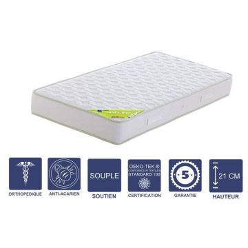 Matelas 100x200 x 21 cm + Alèse + Oreiller Visco - Souple - Aertech+ 35 Kg-m3 HR Dernière Génération - Très Respirant