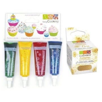 4 colorants alimentaires liquides bleu, rouge, jaune, vert + paillettes dorées