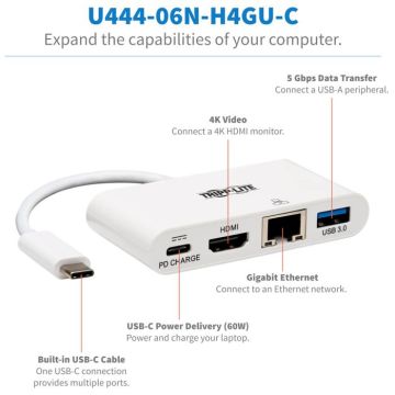 Adaptateur USB-C - Tripp Lite - U444-06N-H4GU-C - HDMI 4K - USB-A - Gigabit Ethernet