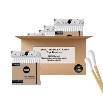 Coton Tige Boîte de 12x100 Maxi-Format Biodégradable - Batonnet Bambou Solide - Tête Coton doux