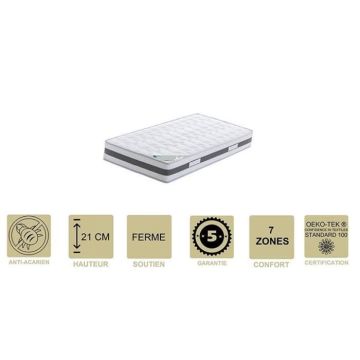 Matelas Mémoire de Forme 62 Kg-m3 90x190 x 21 cm Ferme - 7 Zones de Confort - Noyau Aertech+ 35 Kg-m3 HR Haute Densité - Hypoalle