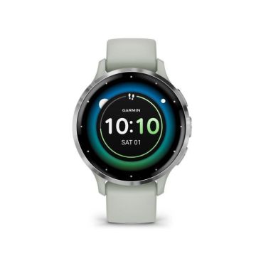 Montre GPS connectée - GARMIN - Venu 3S - 30,4mm (1,2") - Acier Silver, boîtier vert sauge et bracelet en silicone vert sauge