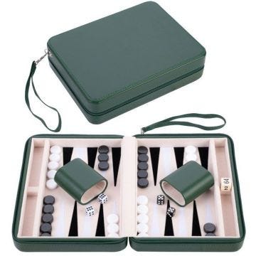 Pochette de jeu Backgammon de voyage 9" Similicuir rouge - fermeture Zip - Interieur feutré: crème/noir/blanc- 250503