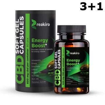 Lot de 4 x 60 Gélules CBD Full Spectrum Reakiro "Energy Boost" (4 x 600mg)