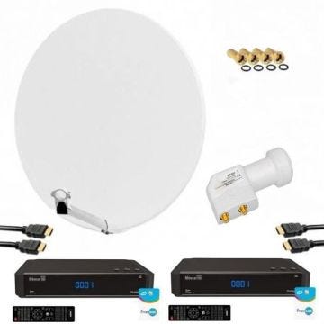HDME KIT PARABOLE SATELLITE FIBRE BLANCHE 85CM + LNB TWIN + 2X RÉCEPTEURS TV FRANSAT AVEC CARTE
