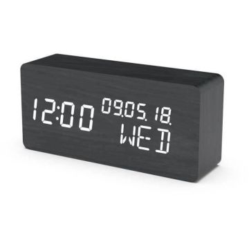 Réveil 4 en 1 - EVOOM - WOOD - Noir - Horloge, Thermomètre, Calendrier